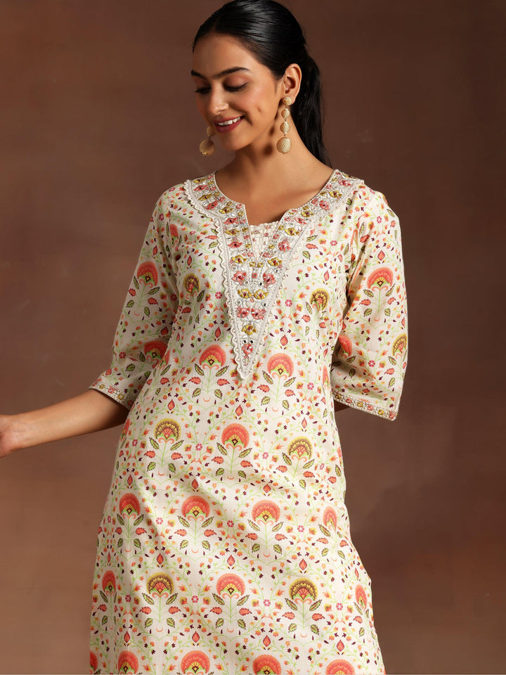 Off White Printed Cotton Straight Kurta Set - Libas