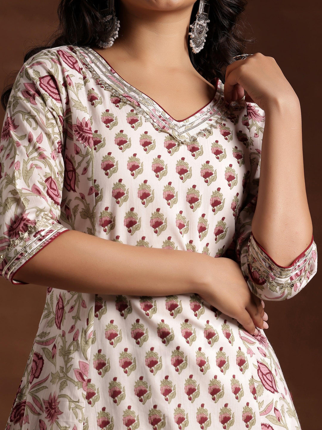 Off white Printed Cotton A-Line Kurta With Palazzos - Libas 