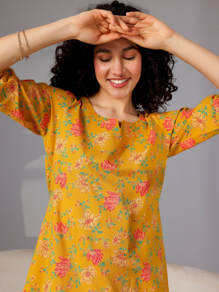 Mustard Printed Cotton Night Suits - Libas