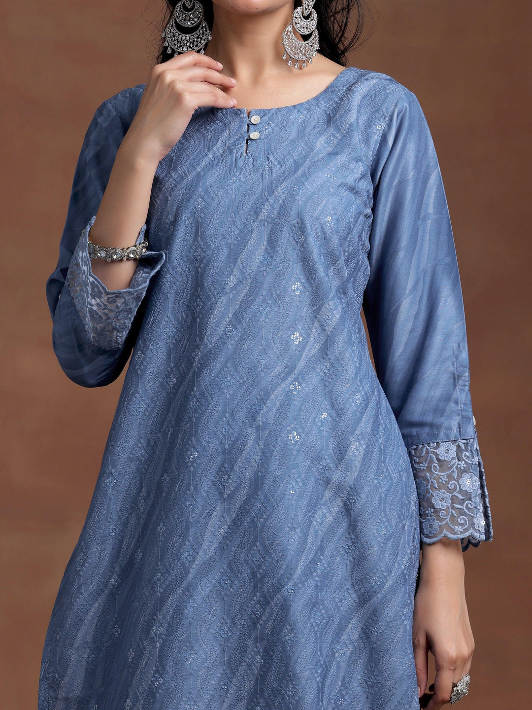 Blue Embroidered Silk Blend Straight Suit With Dupatta - Libas