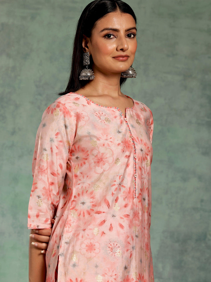 Peach Printed Silk Blend Straight Suit With Dupatta - Libas