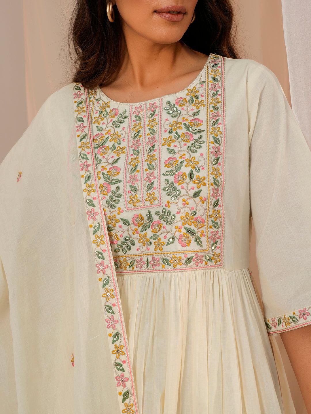 Off White Yoke Design Cotton A-Line Kurta With Palazzos & Dupatta - Libas 