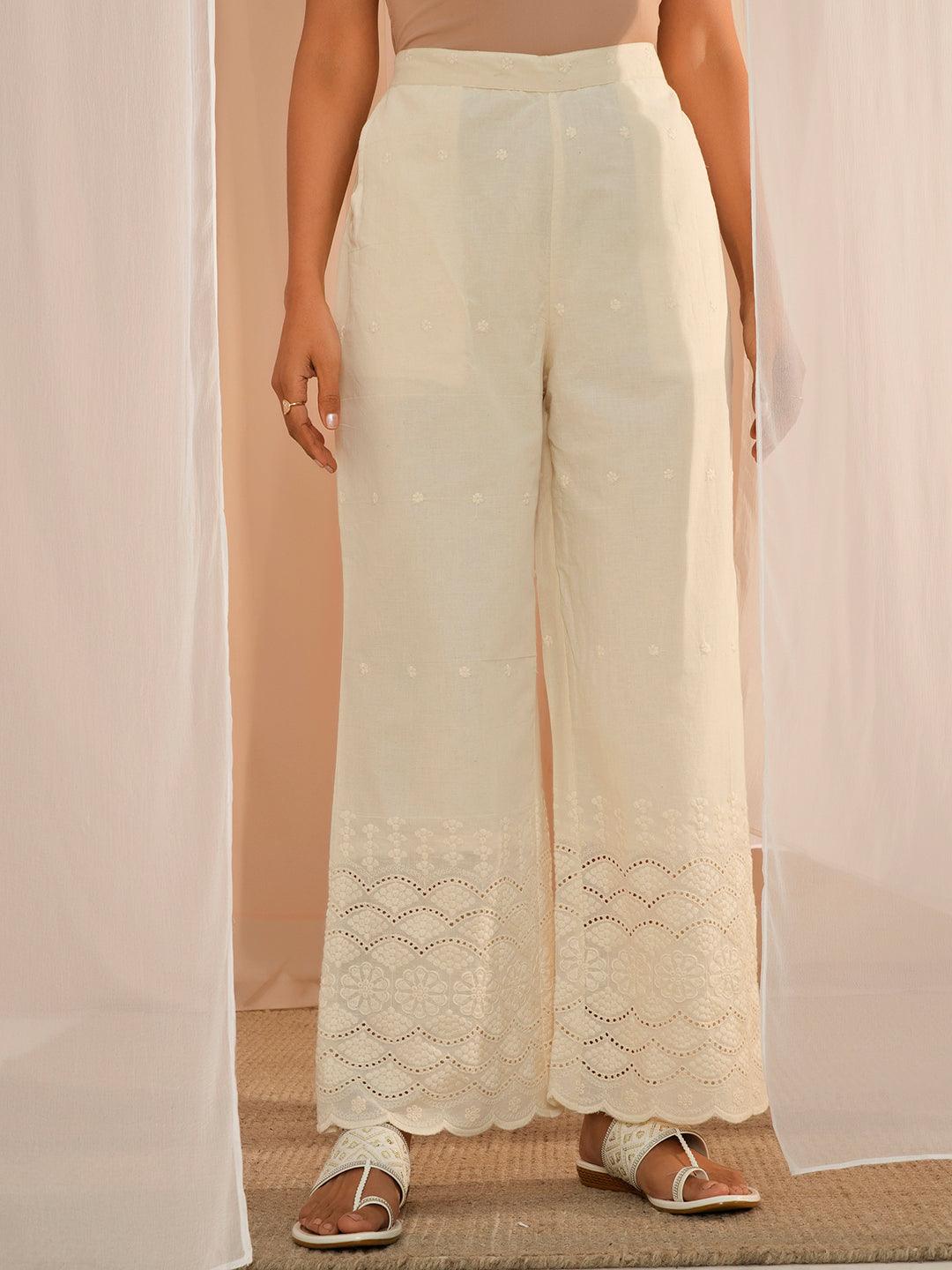 Off White Self Design Cotton Tunic With Palazzos - Libas 