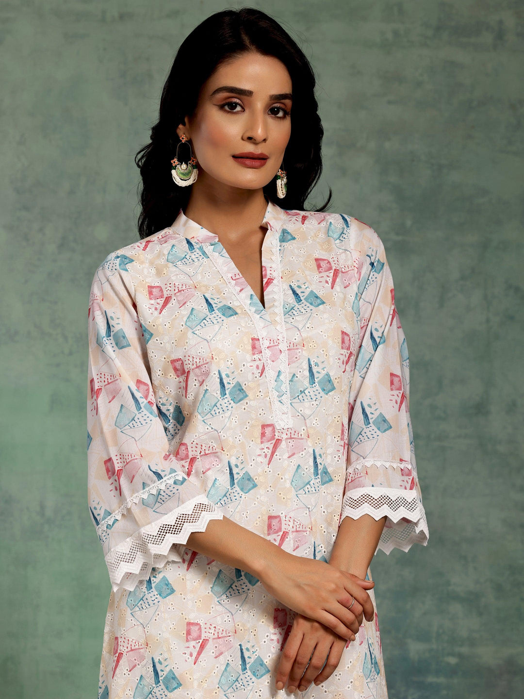 Cream Printed Cotton A-Line Kurta With Trousers - Libas 