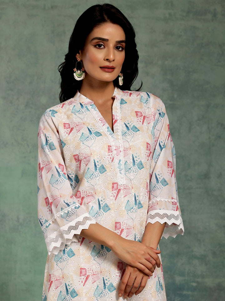 Cream Printed Cotton A-Line Kurta With Trousers - Libas