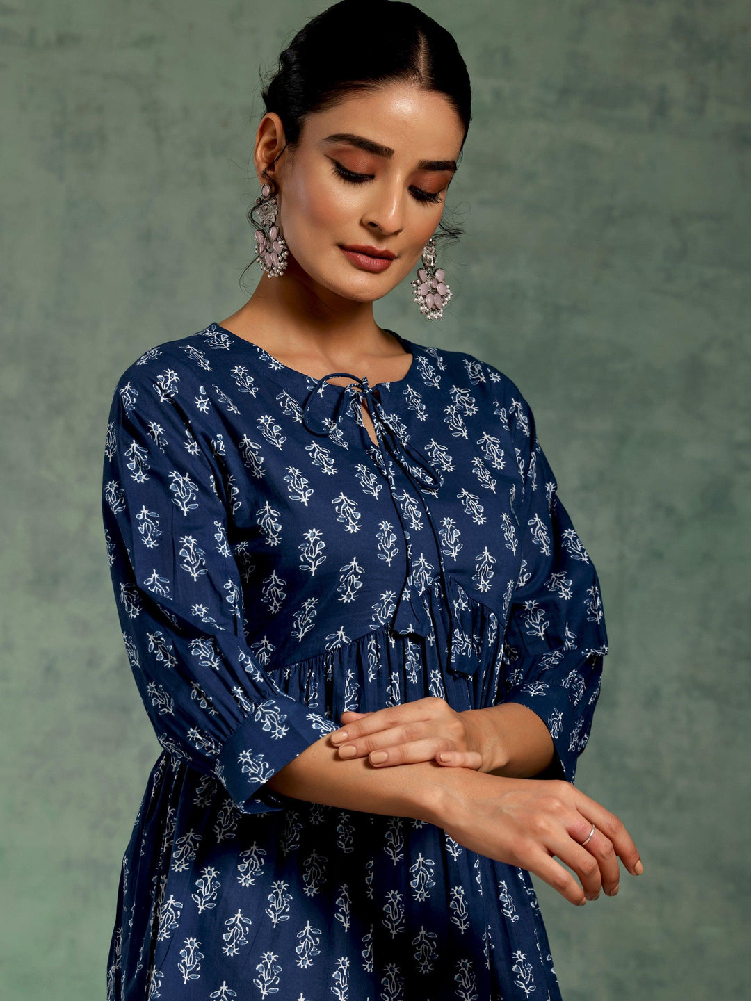 Blue Printed Cotton A-Line Kurti - Libas 