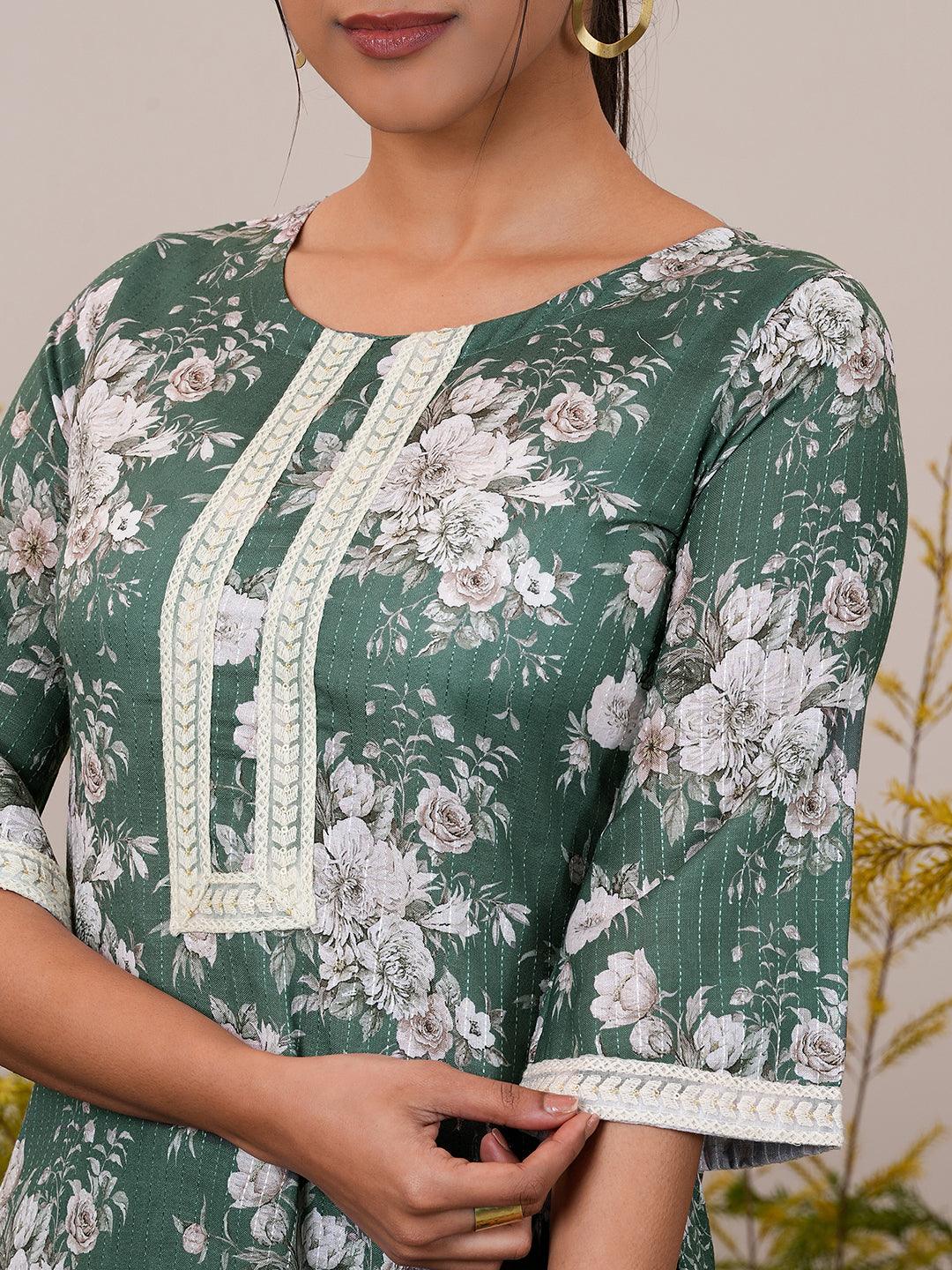 Green Printed Cotton Straight Suit With Dupatta - Libas