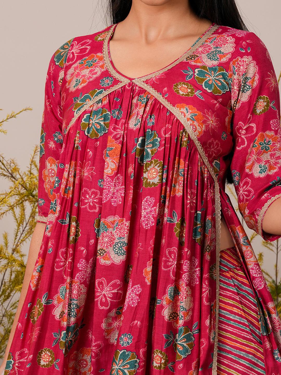 Pink Printed Silk Blend A-Line Kurta With Palazzos & Dupatta - Libas 