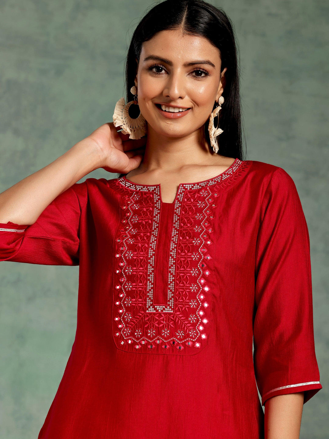 Hot Pink Yoke Design Silk Blend Straight Kurti - Libas 