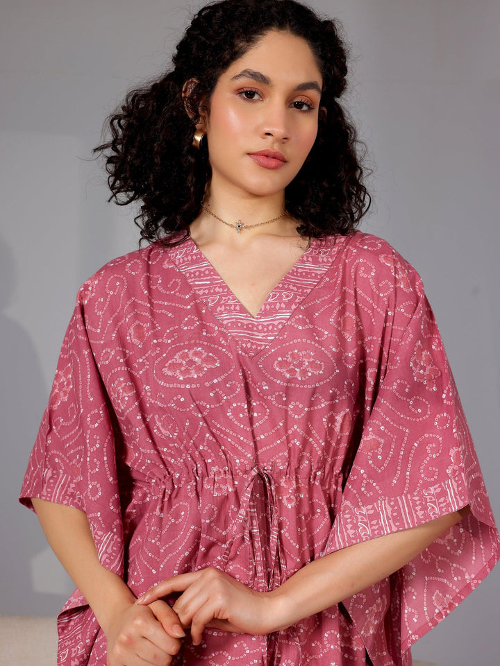 Mauve Printed Cotton Kaftan Night Dress - Libas