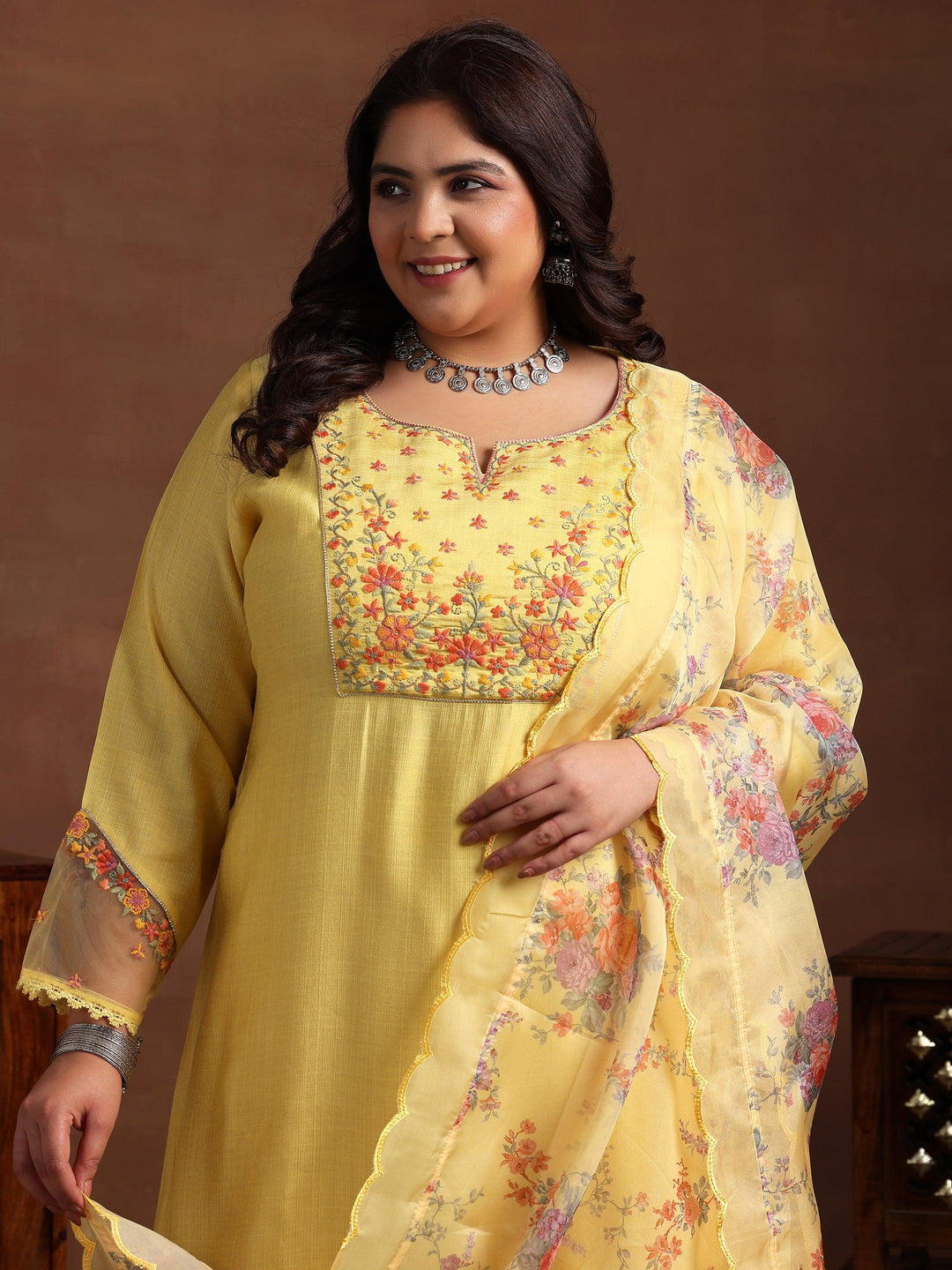 Plus Size Yellow Yoke Design Silk Blend Straight Suit With Dupatta - Libas