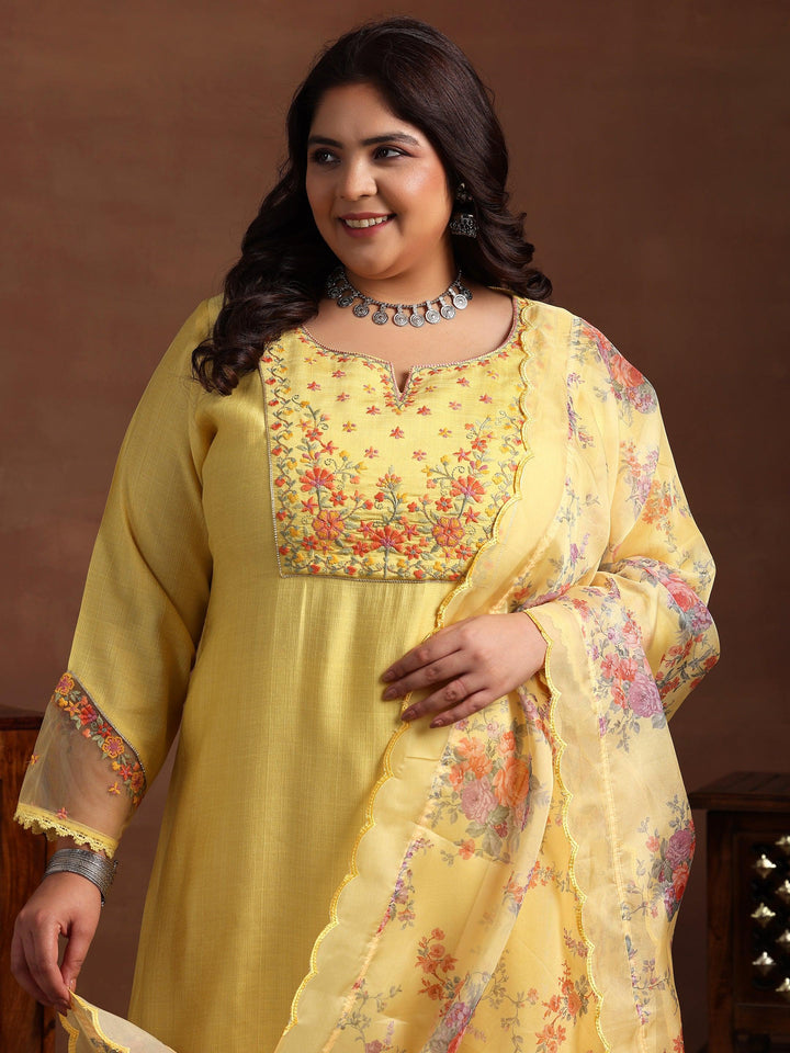 Plus Size Yellow Yoke Design Silk Blend Straight Suit With Dupatta - Libas