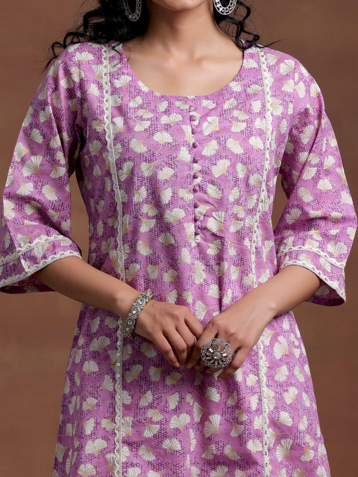 Purple Printed Cotton A-Line Kurta - Libas