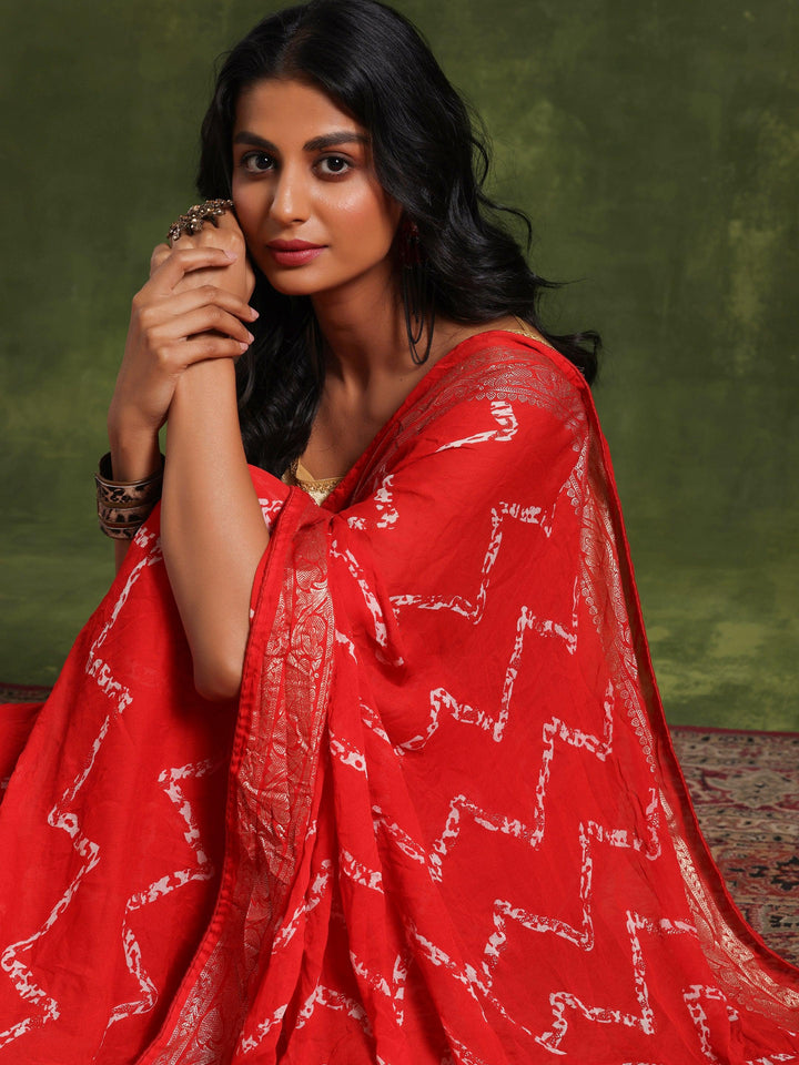 Red Printed Poly Georgette Saree With Unstitched Blouse Piece - Libas