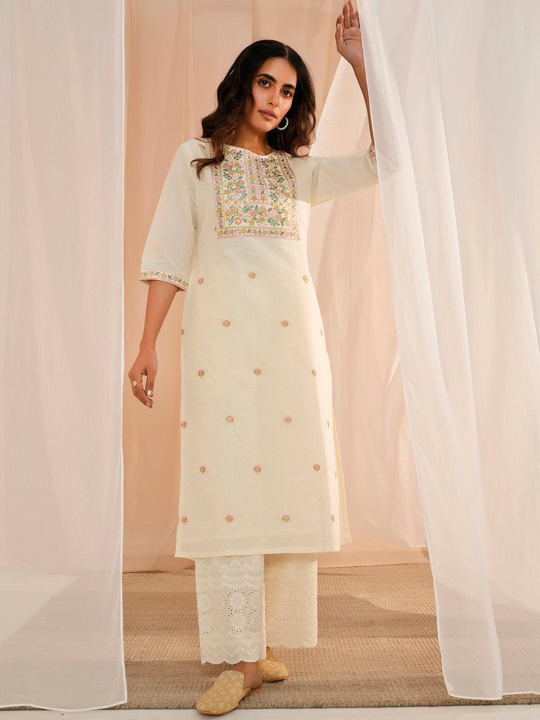 Off White Embroidered Cotton Straight Kurta - Libas 