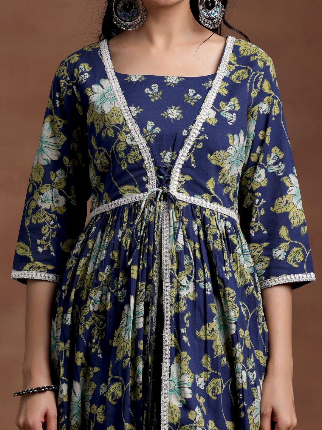 Blue Printed Cotton A-Line Kurta With Trousers - Libas