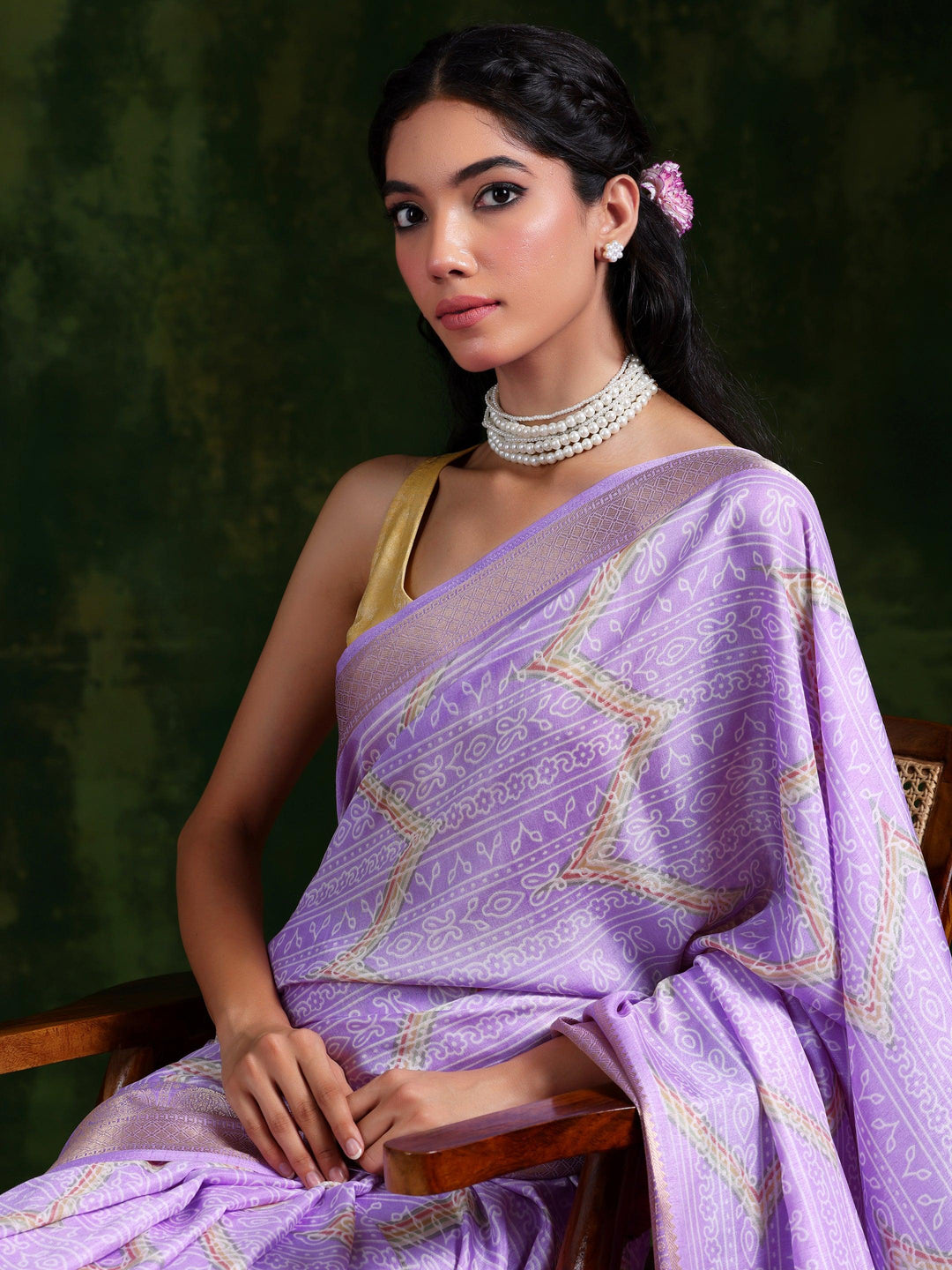 Lavender Printed Silk Blend Saree With Unstitched Blouse Piece - Libas