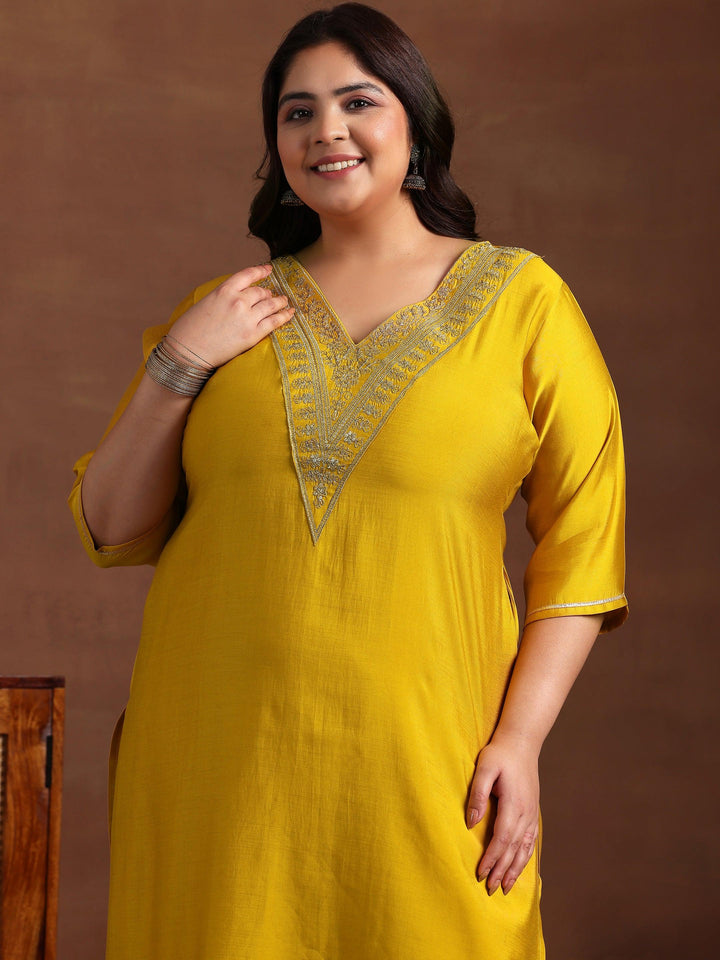 Plus Size Yellow Yoke Design Silk Blend Straight Kurta Set - Libas