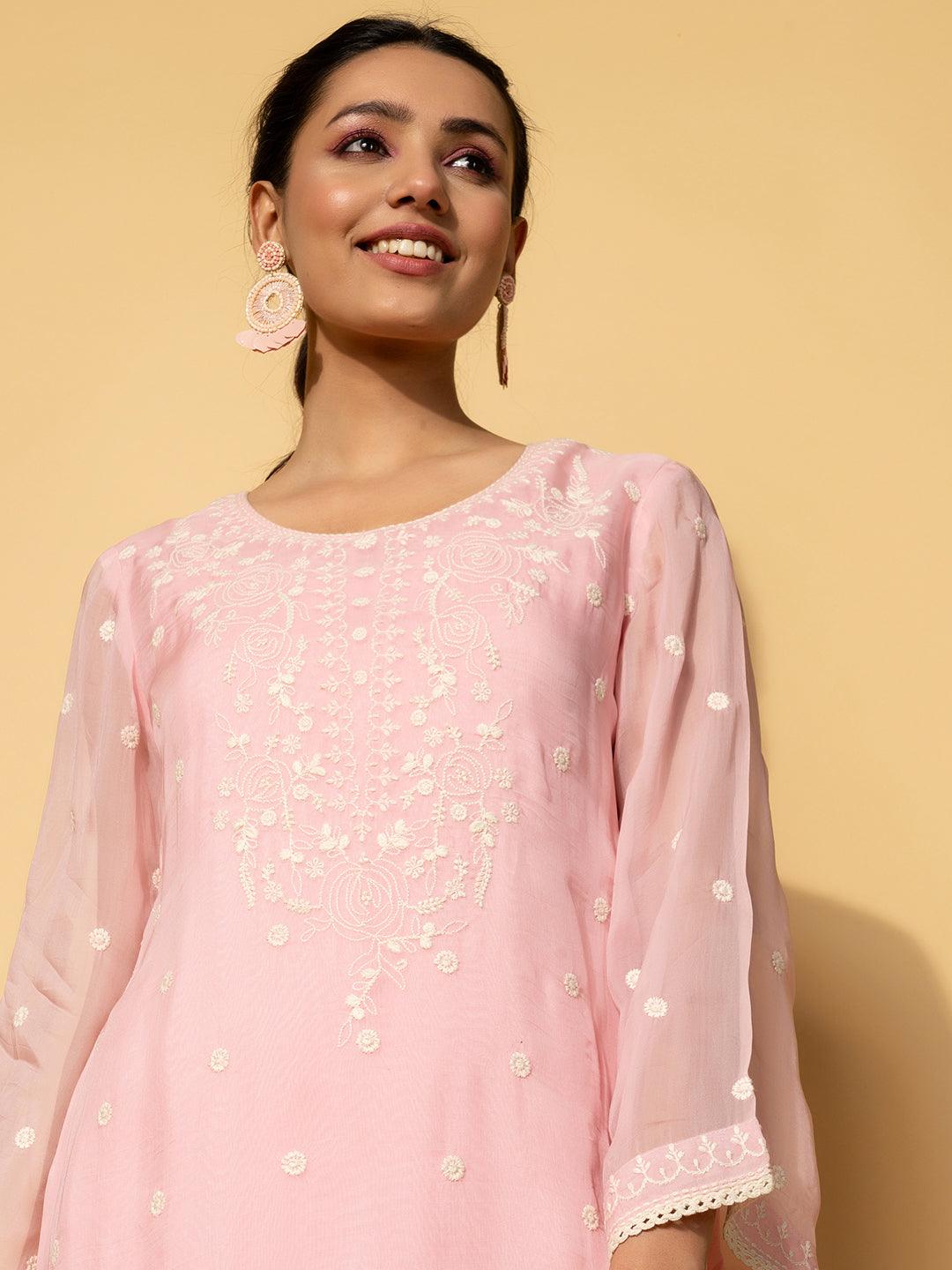 Pink Embroidered Silk Blend Co-Ords - Libas