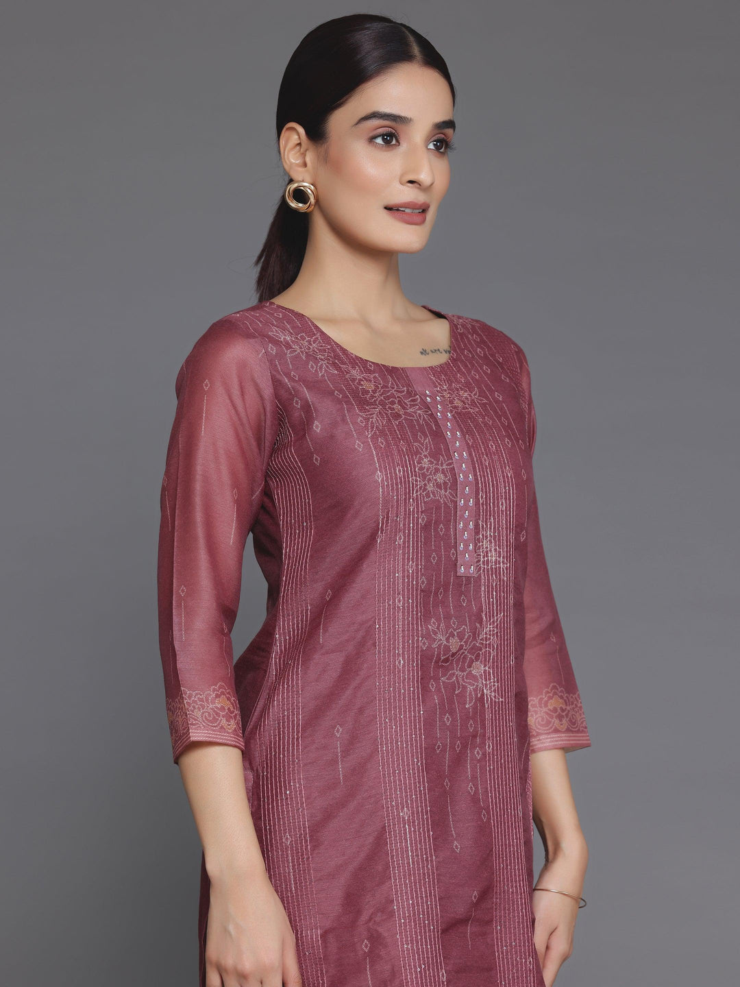 Mauve Embellished Chanderi Silk Straight Kurta - Libas