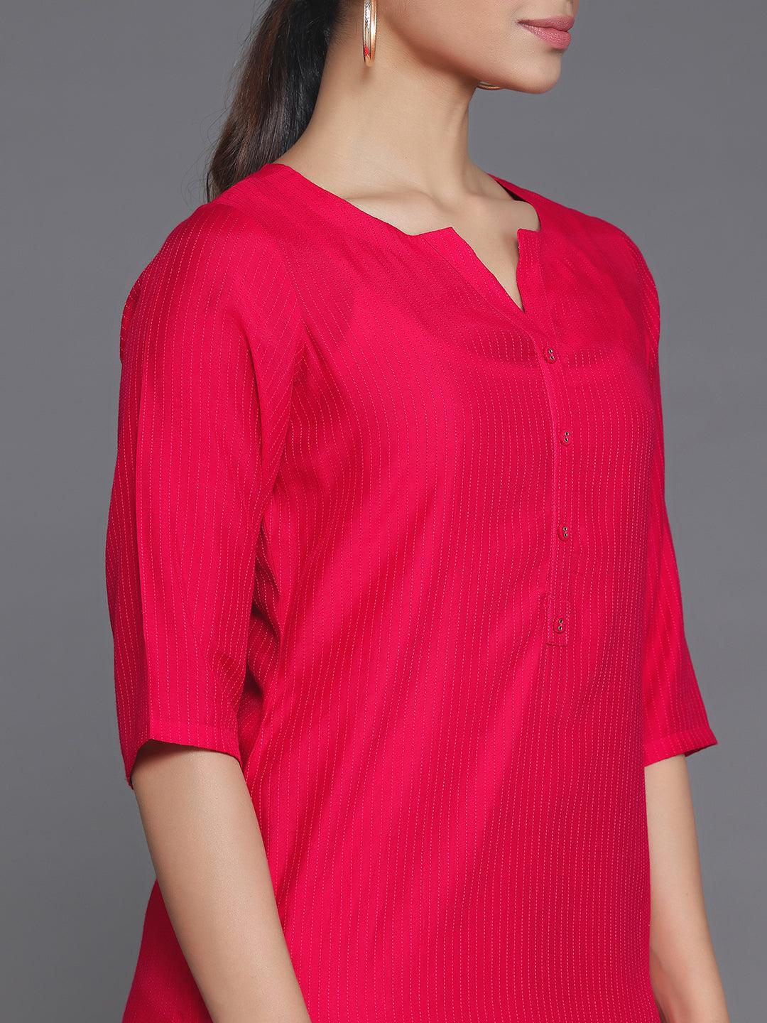 Red Woven Design Silk Straight Kurta - Libas 