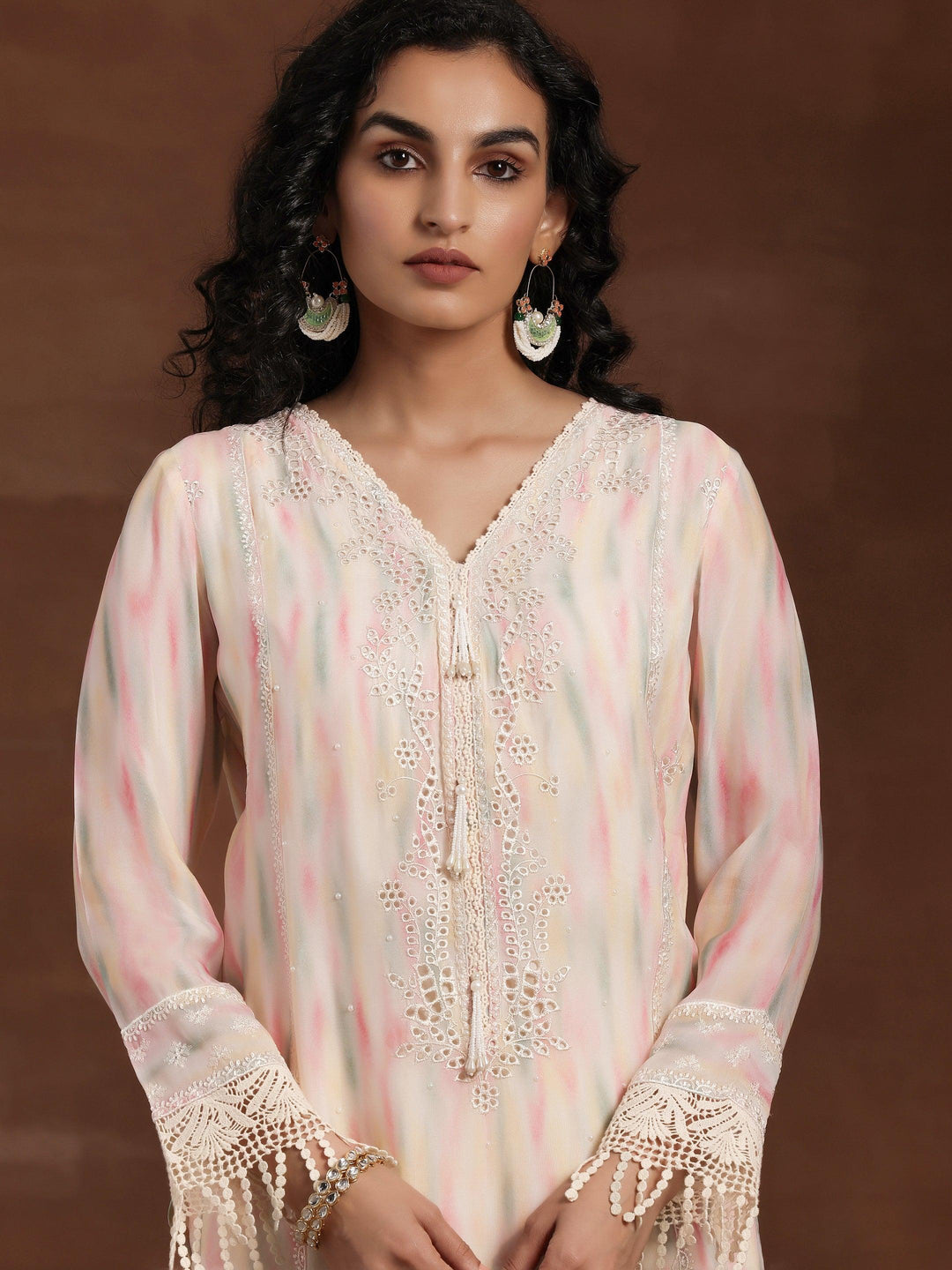 Beige Embroidered Organza Straight Suit With Dupatta - Libas 