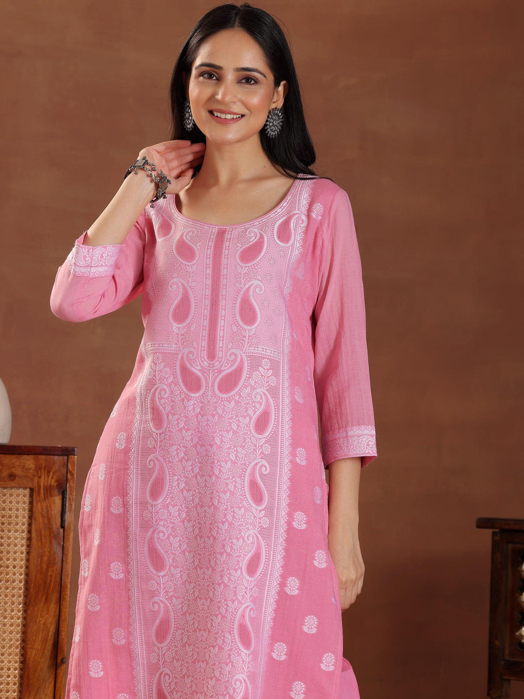 Pink Woven Design Cotton Straight Suit With Dupatta - Libas 