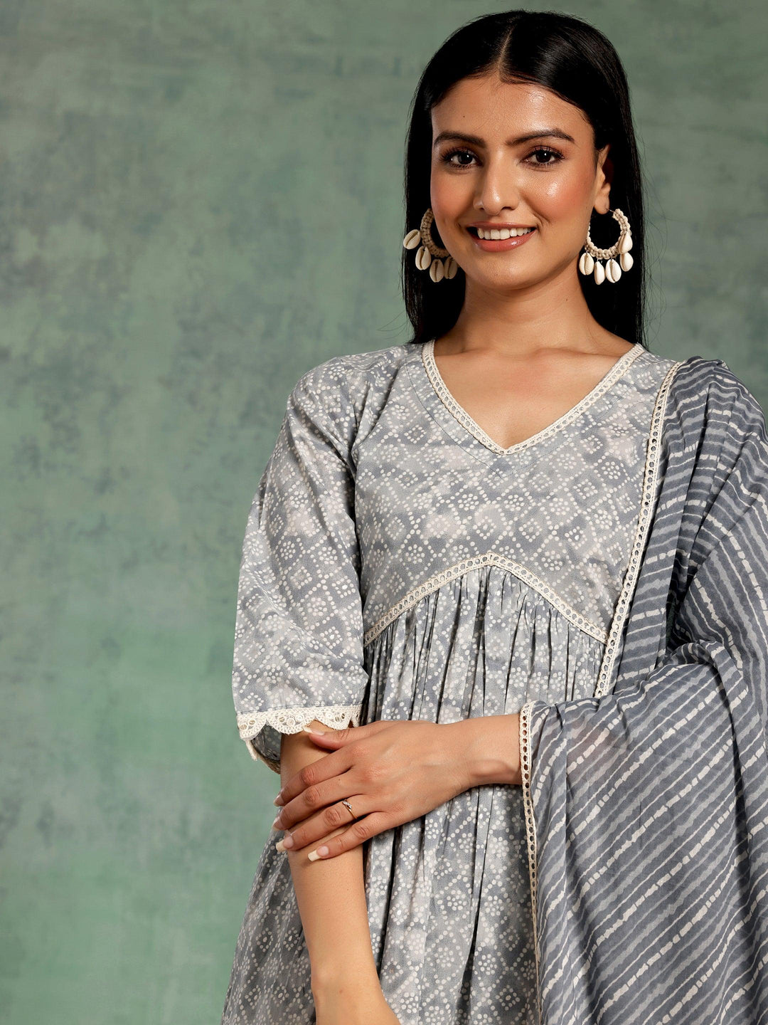 Grey Printed Cotton A-Line Kurta With Palazzos & Dupatta - Libas 