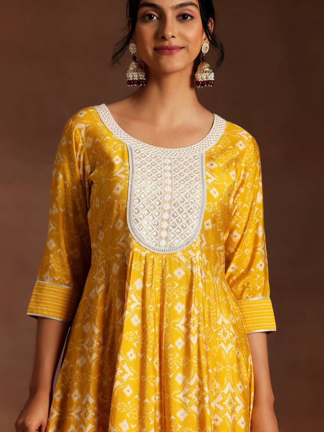 Mustard Printed Silk Blend Anarkali Suit With Dupatta - Libas 