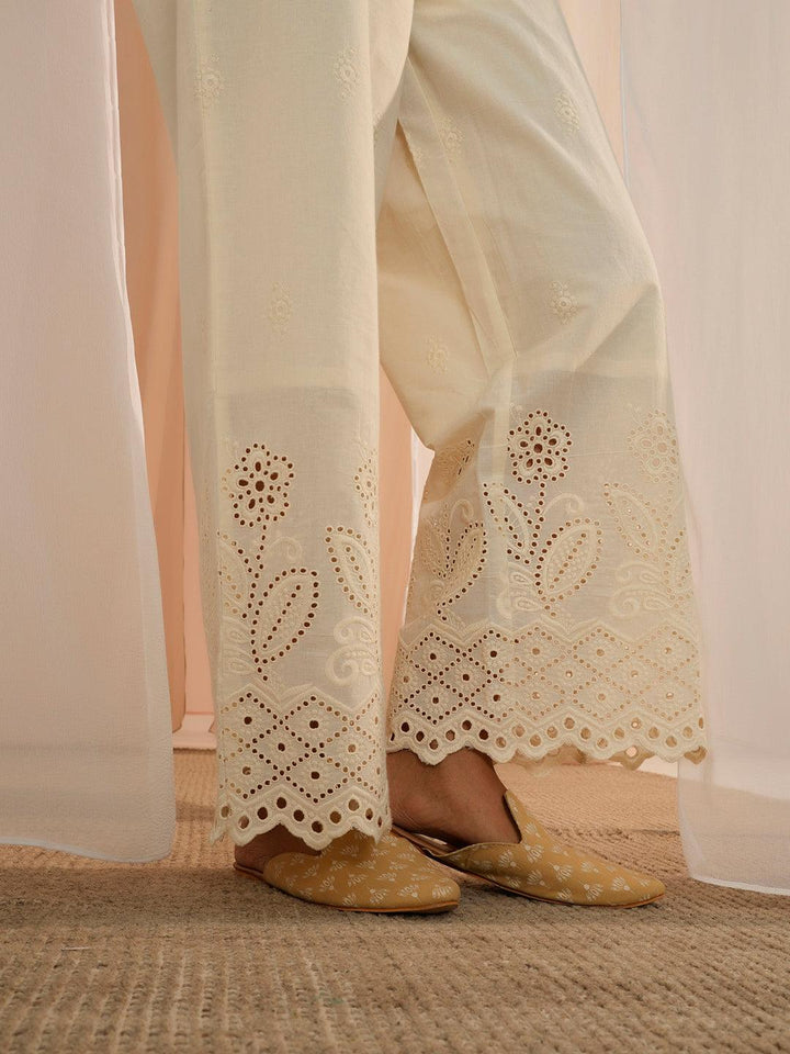 Off White Embroidered Cotton Wide Leg Palazzos - Libas