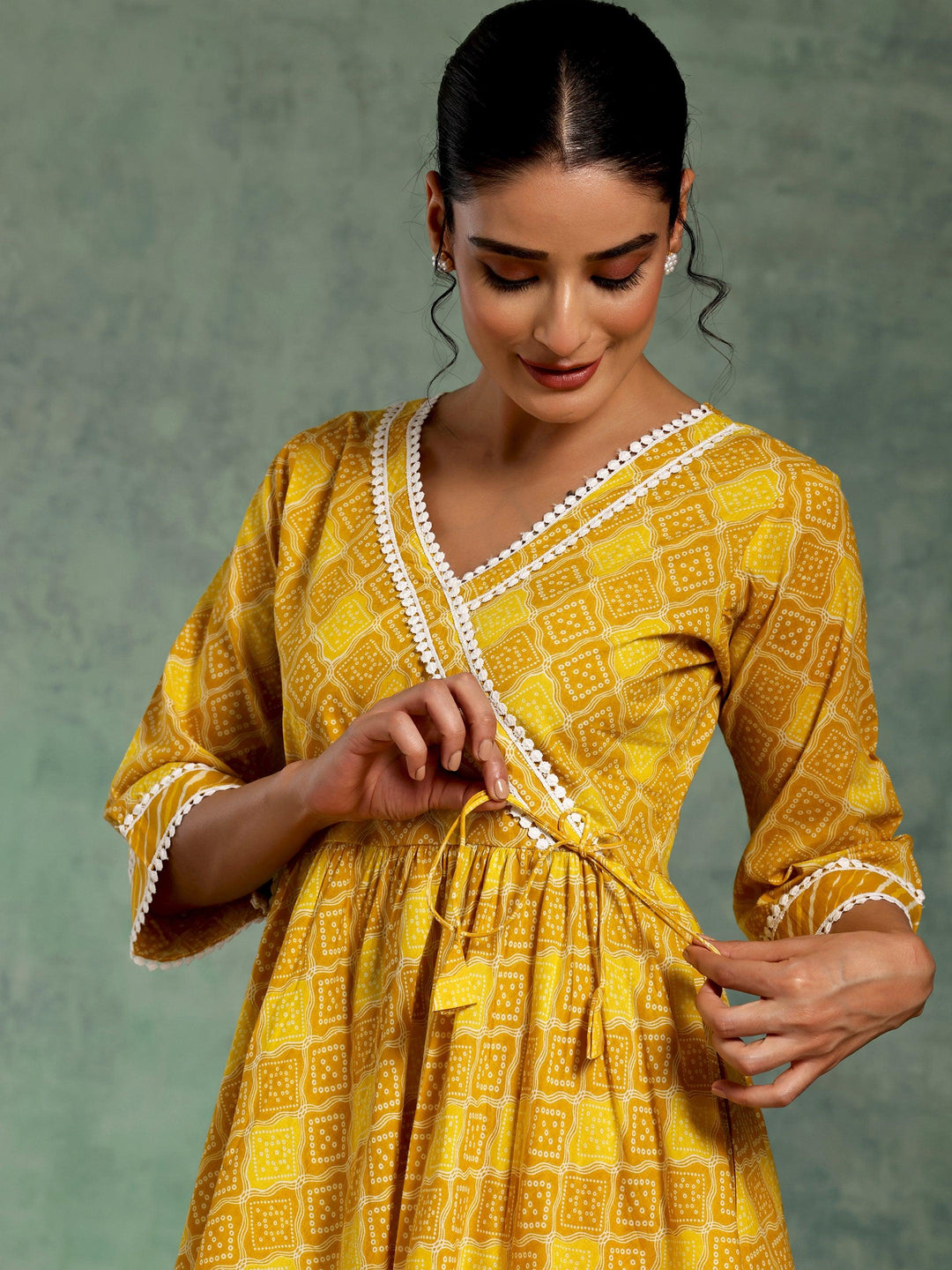 Mustard Printed Cotton A-Line Kurta With Palazzos & Dupatta - Libas 