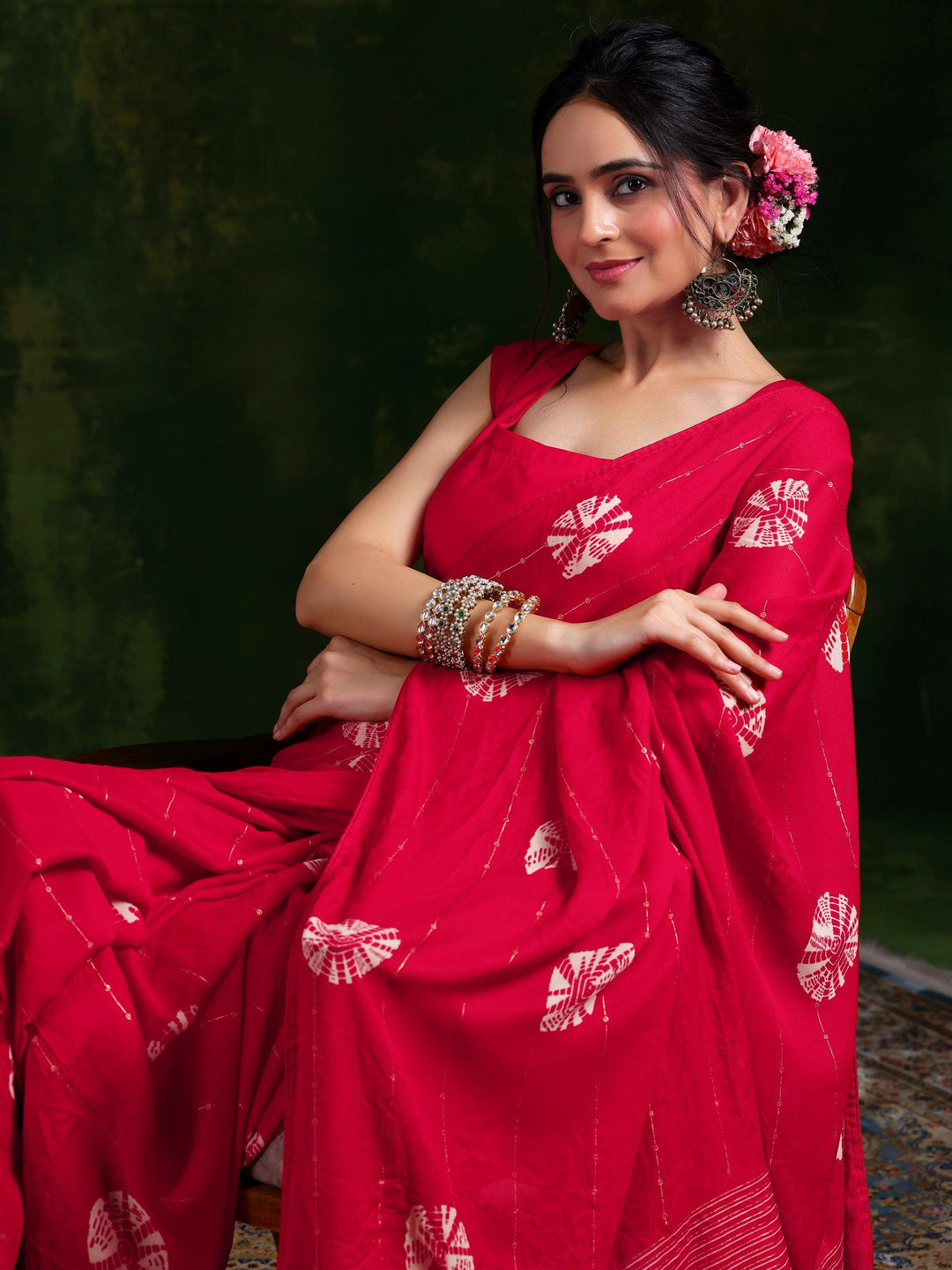 Red Printed Poly Chiffon Saree With Unstitched Blouse Piece - Libas