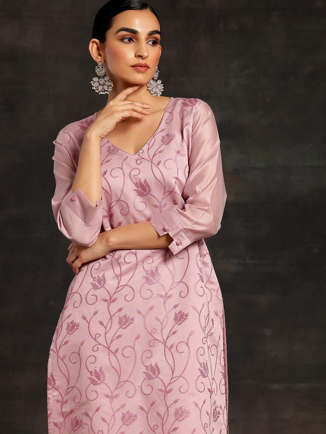 Mauve Embroidered Silk Straight Kurta - Libas