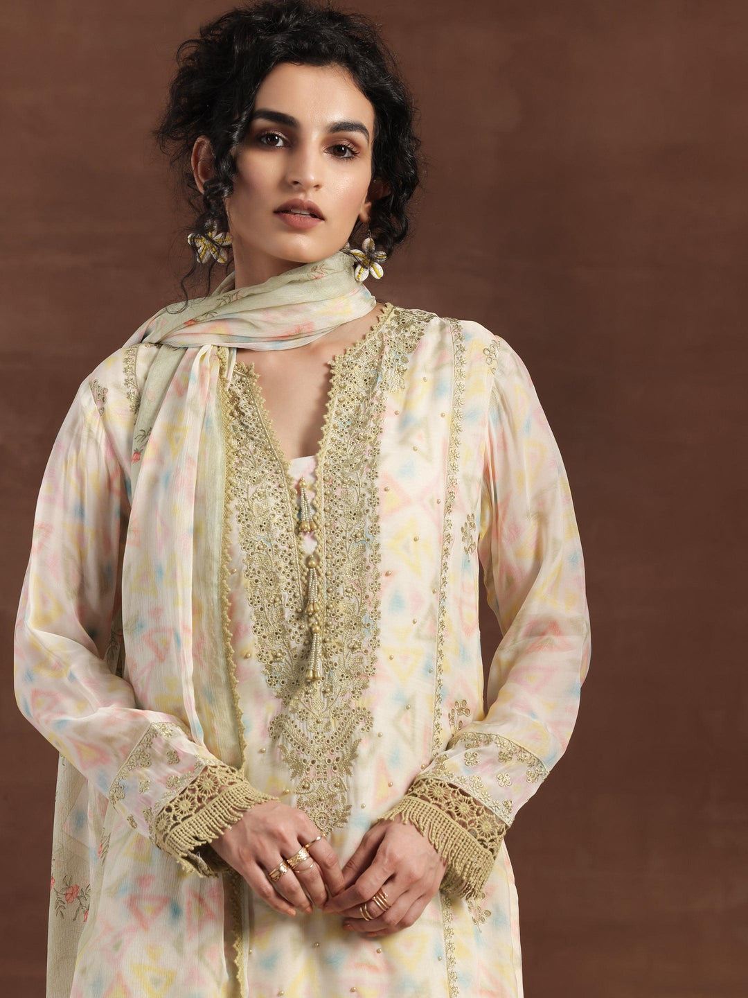 Olive Embroidered Organza Straight Suit With Dupatta - Libas 