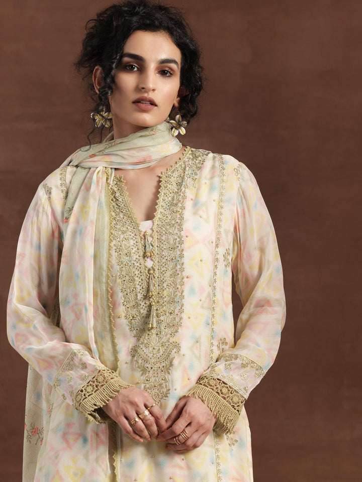 Olive Embroidered Organza Straight Suit With Dupatta - Libas