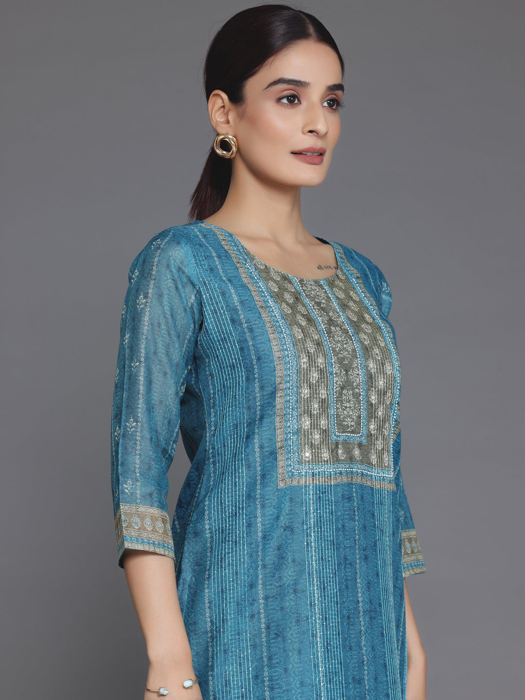 Blue Embellished Chanderi Silk Straight Kurta - Libas 