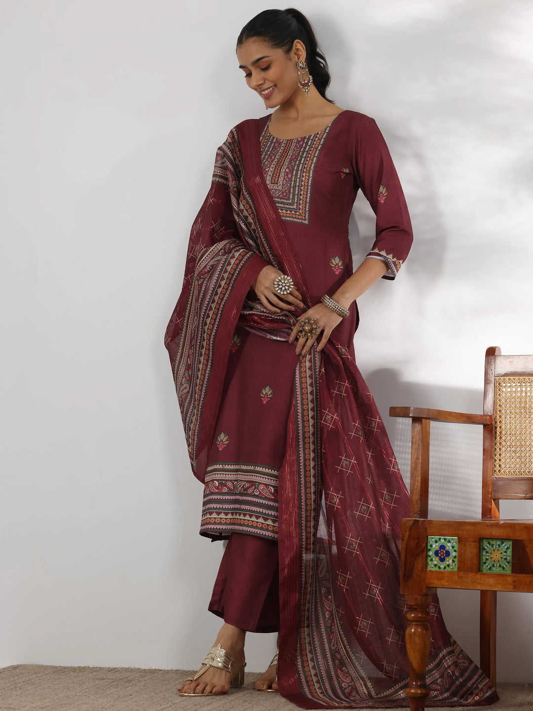  Maroon Printed Silk Blend Straight Suit With Dupatta 