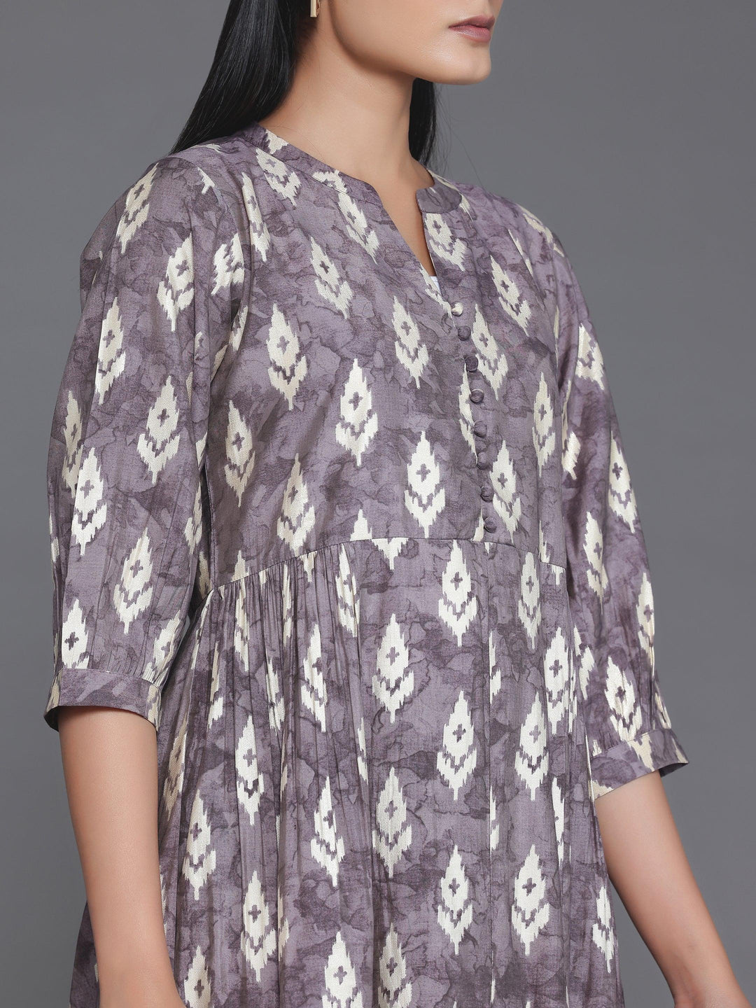 Mauve Printed Silk Fit and Flare Dress - Libas 