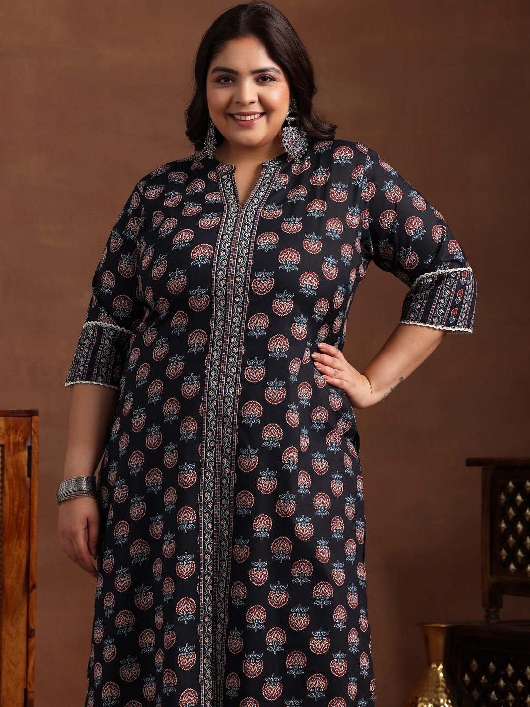 Plus Size Black Printed Cotton Straight Suit With Dupatta - Libas 