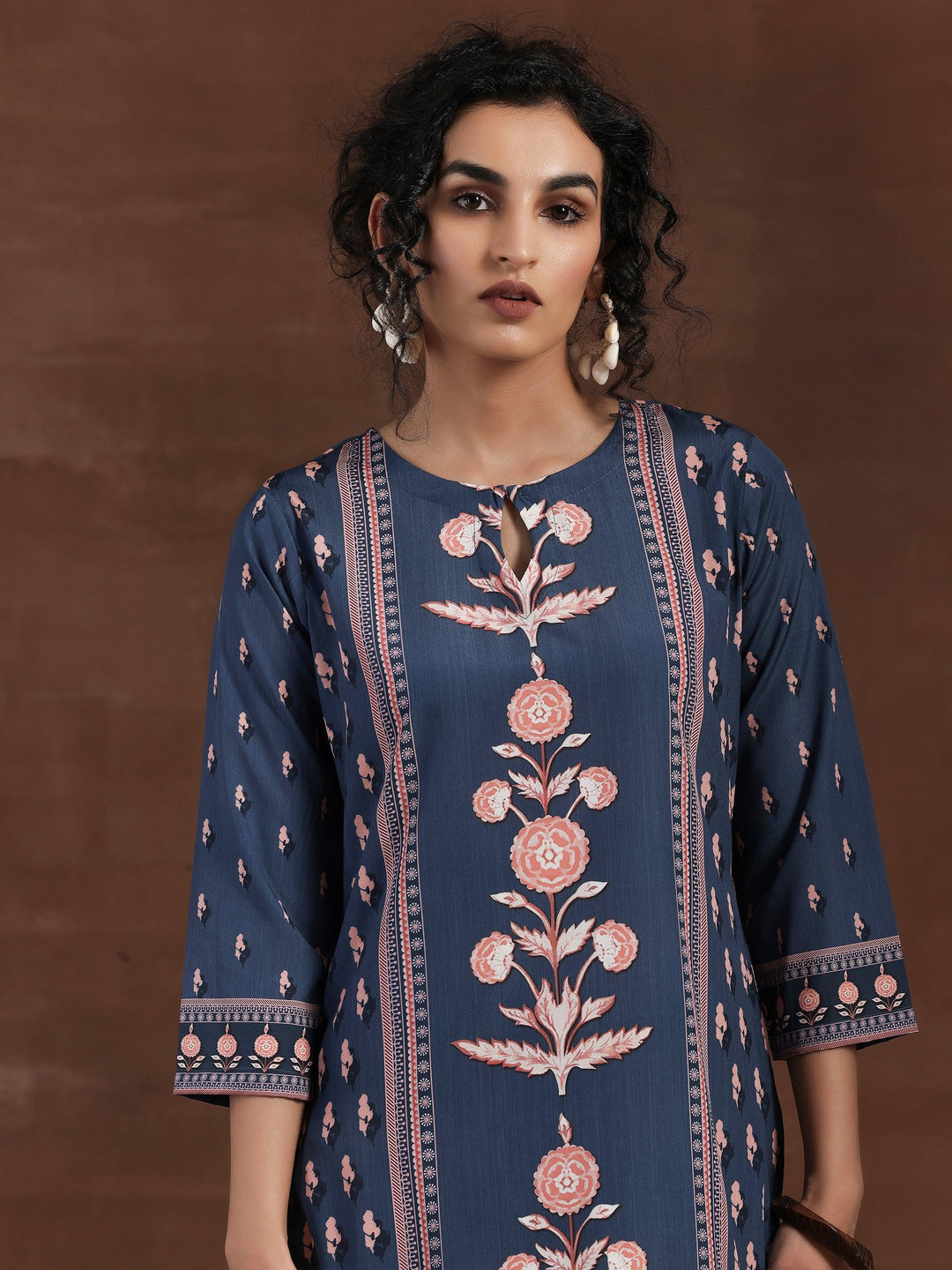 Blue Printed Poly Crepe Straight Kurta Set - Libas 