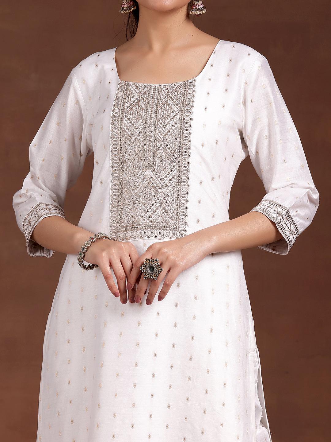 White Yoke Design Silk Blend Straight Suit With Dupatta - Libas 