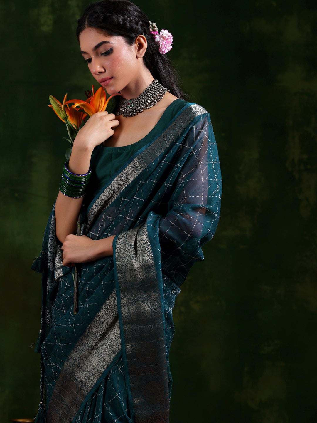 Blue Printed Silk Blend Saree With Unstitched Blouse Piece - Libas