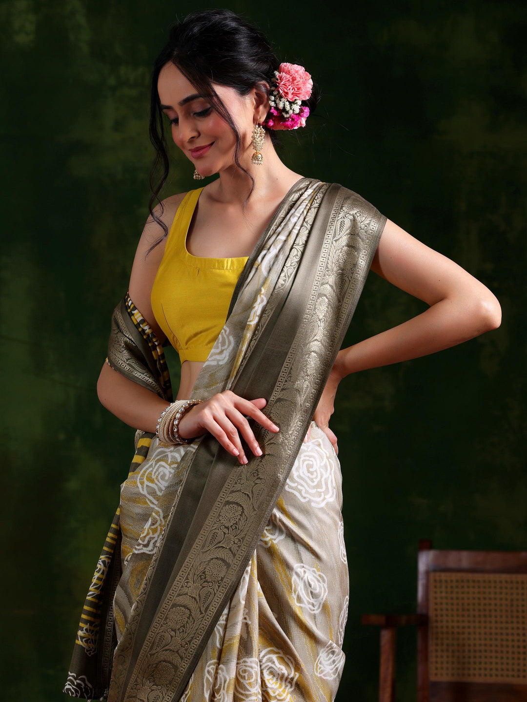 Taupe Printed Silk Blend Saree With Unstitched Blouse Piece - Libas