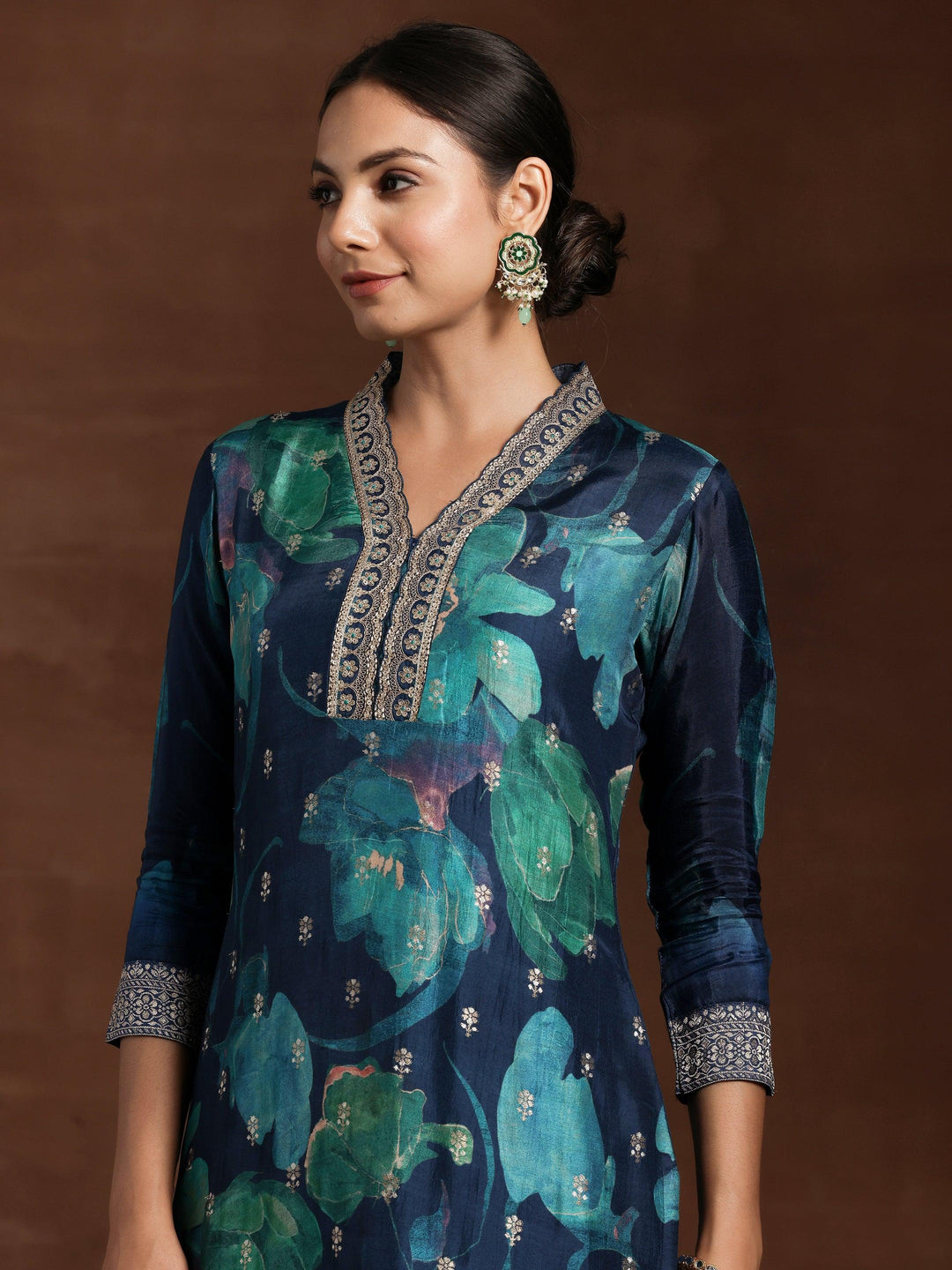 Blue Printed Silk Blend Straight Suit With Dupatta - Libas 