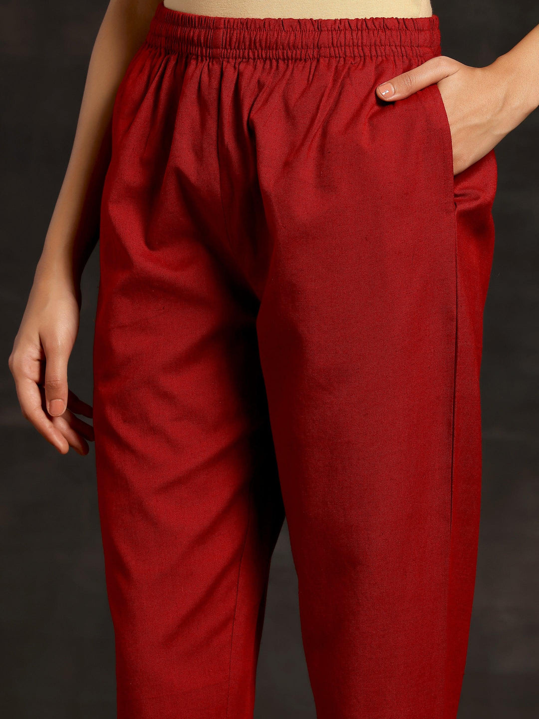 Maroon Solid Cotton Straight Fit Trousers - Libas 