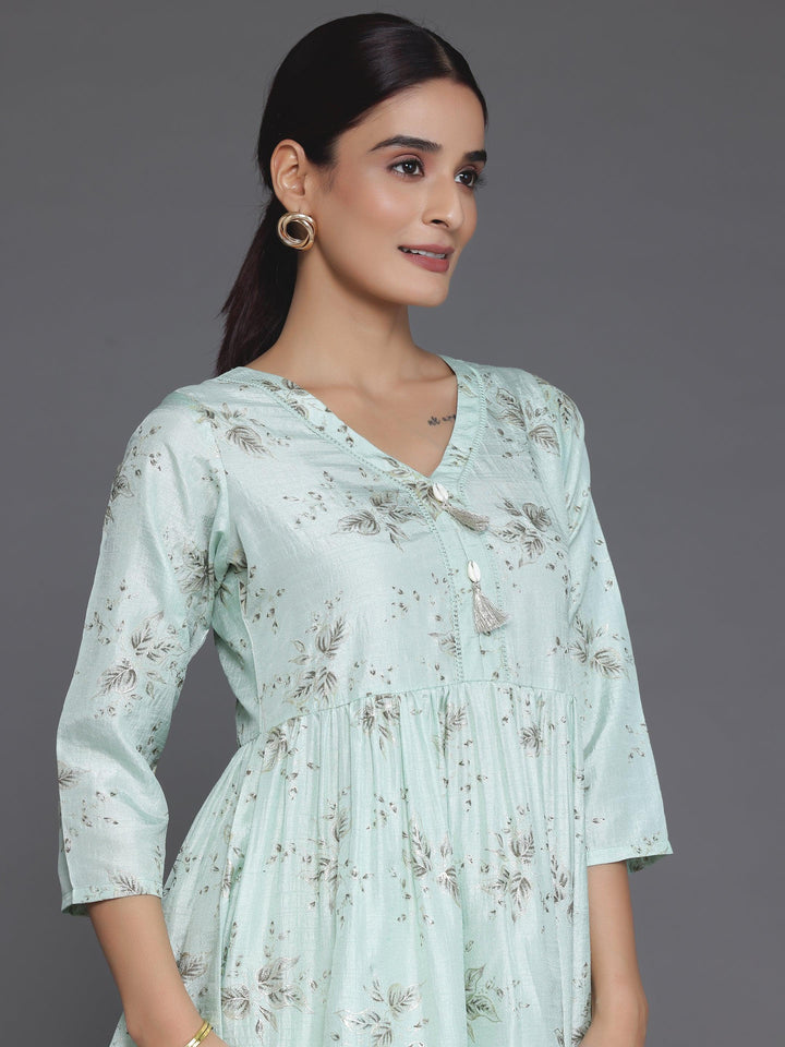 Sea Green Printed Silk Blend A-Line Kurta With Salwar - Libas