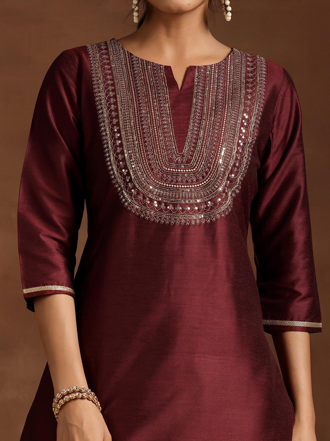 Maroon Yoke Design Silk Blend Straight Kurta Set - Libas 