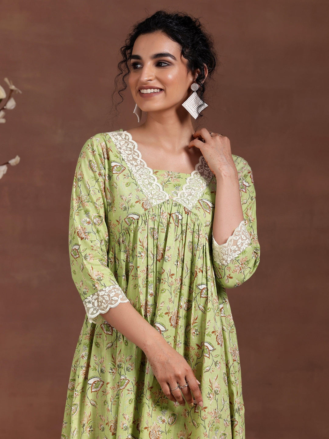 Green Printed Cotton Fit and Flare Dress - Libas 