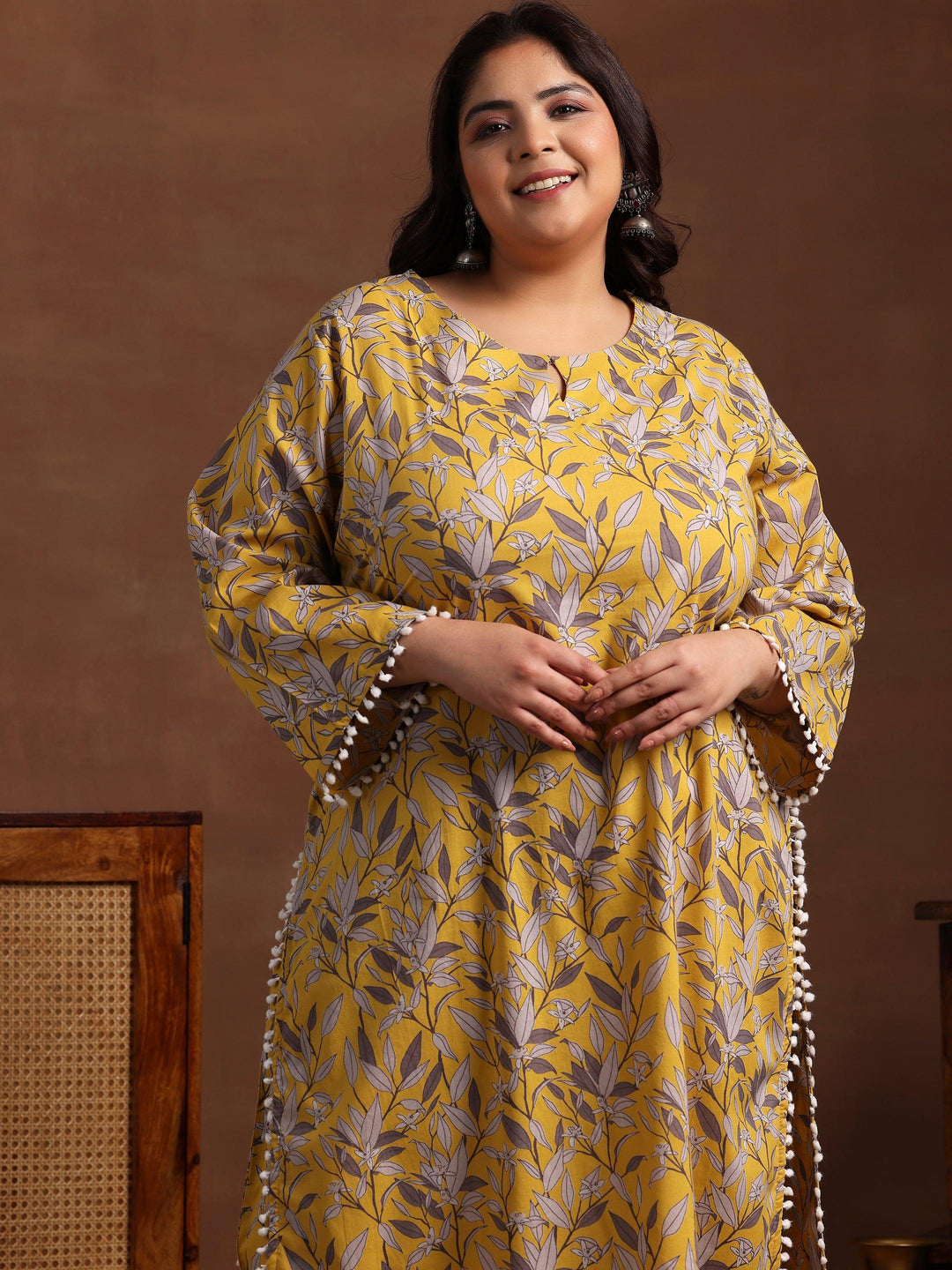 Plus Size Mustard Printed Cotton Pathani Kurta With Salwar - Libas