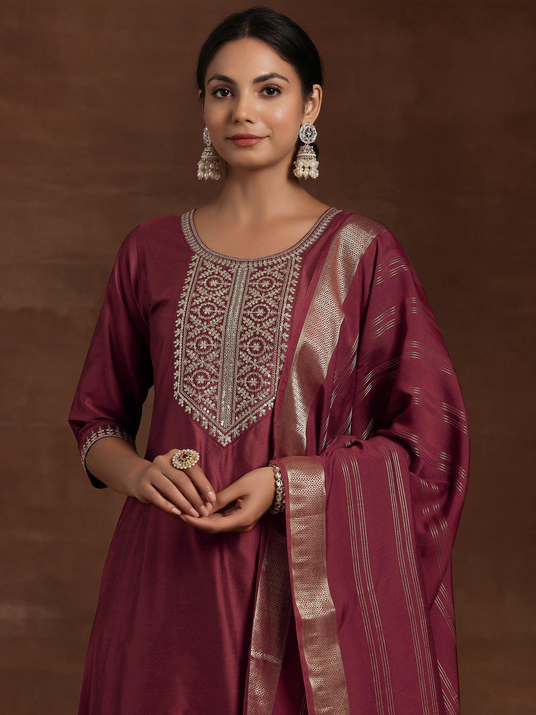 Rust Yoke Design Silk Blend Straight Suit With Dupatta - Libas 